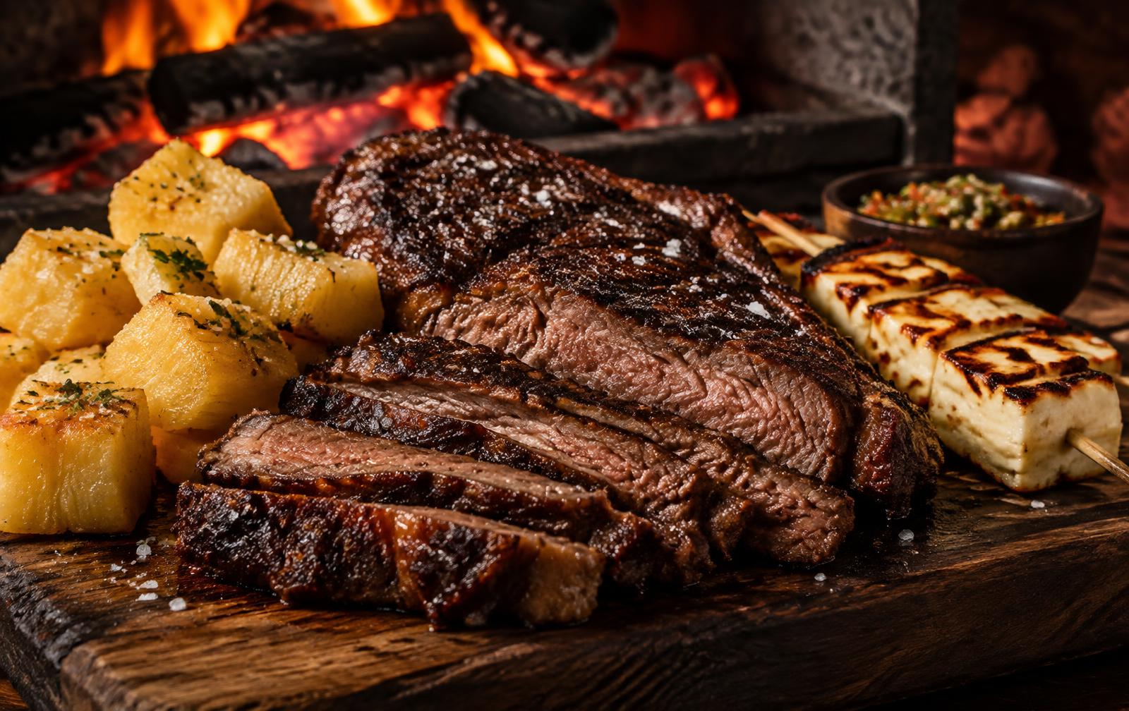 Carne de sol na brasa com aipim na manteiga de garrafa e queijo coalho dourado